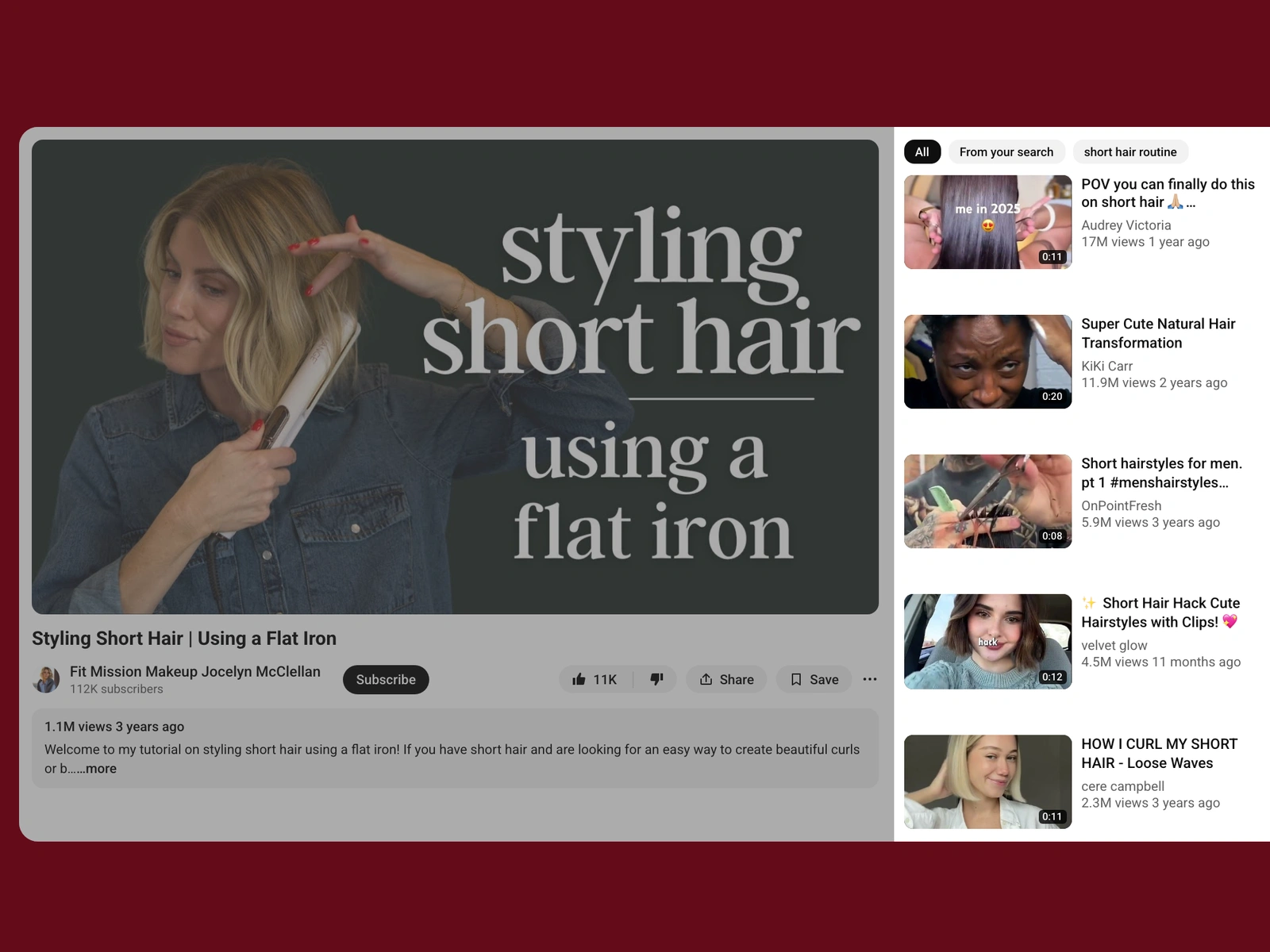 YouTube recommended videos beside a short hair video