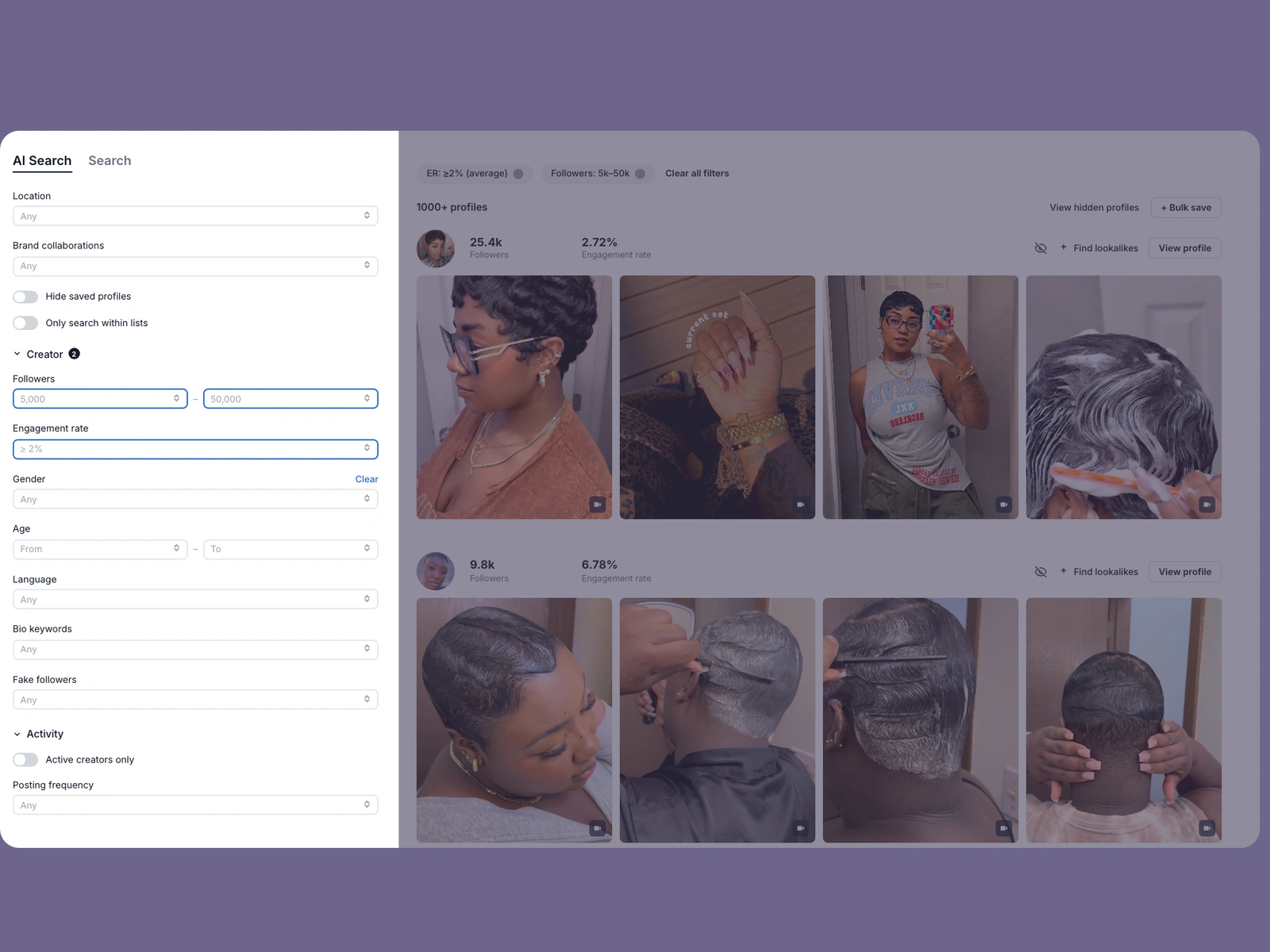 Modash filters narrowing short hair creators