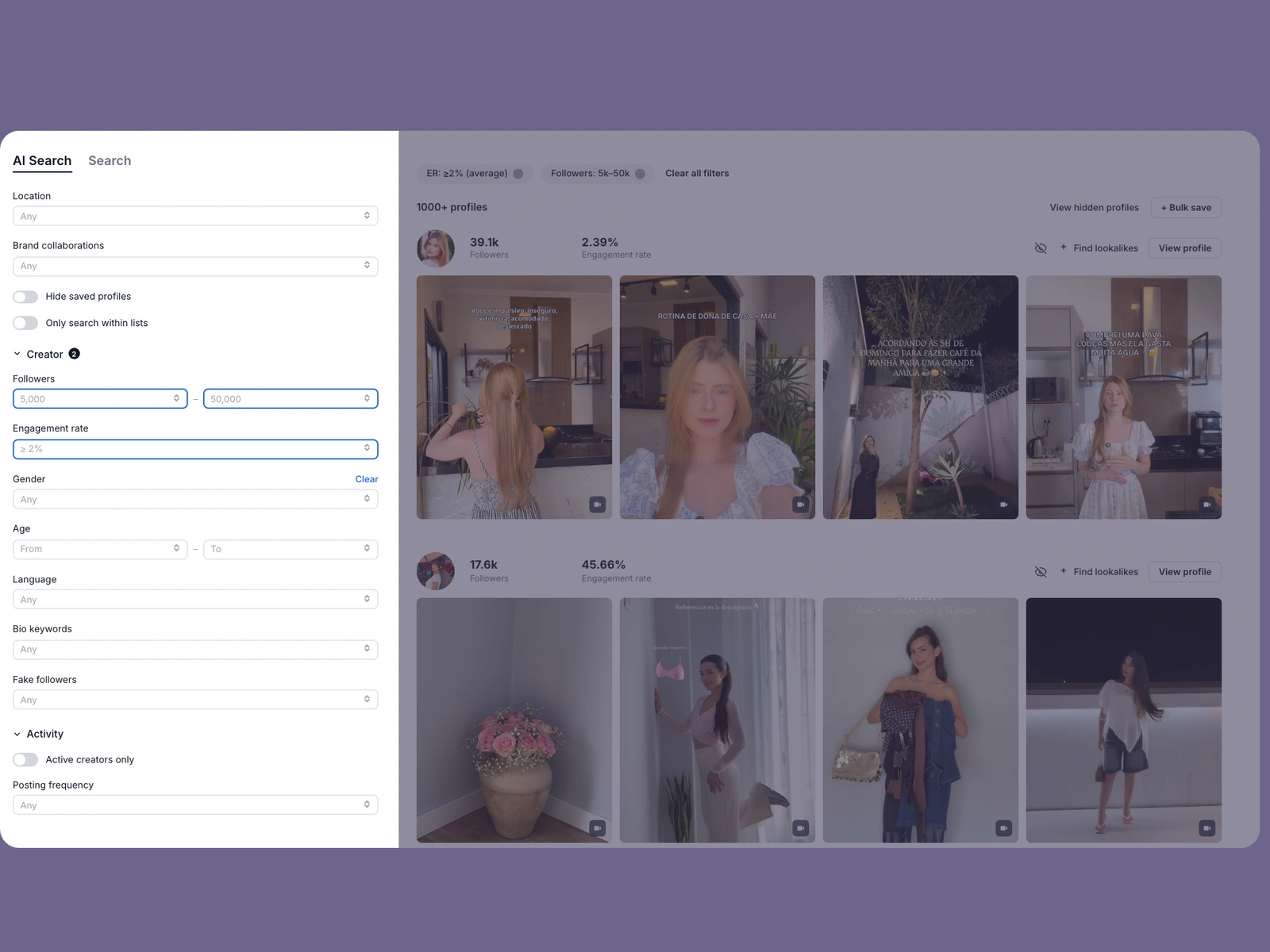 Modash filters narrowing tradwife creators