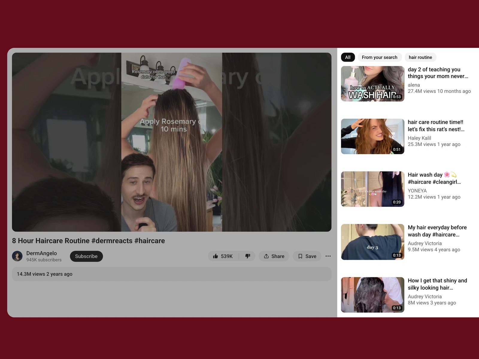 YouTube recommended videos beside a hair video