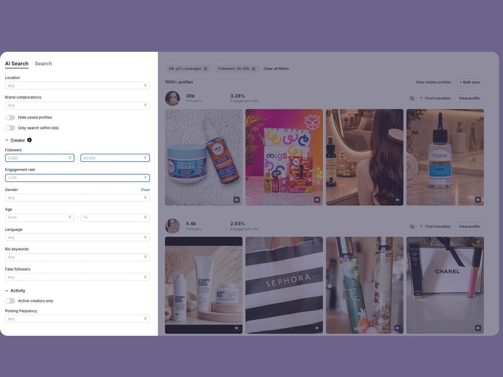 Modash filters narrowing hair creators