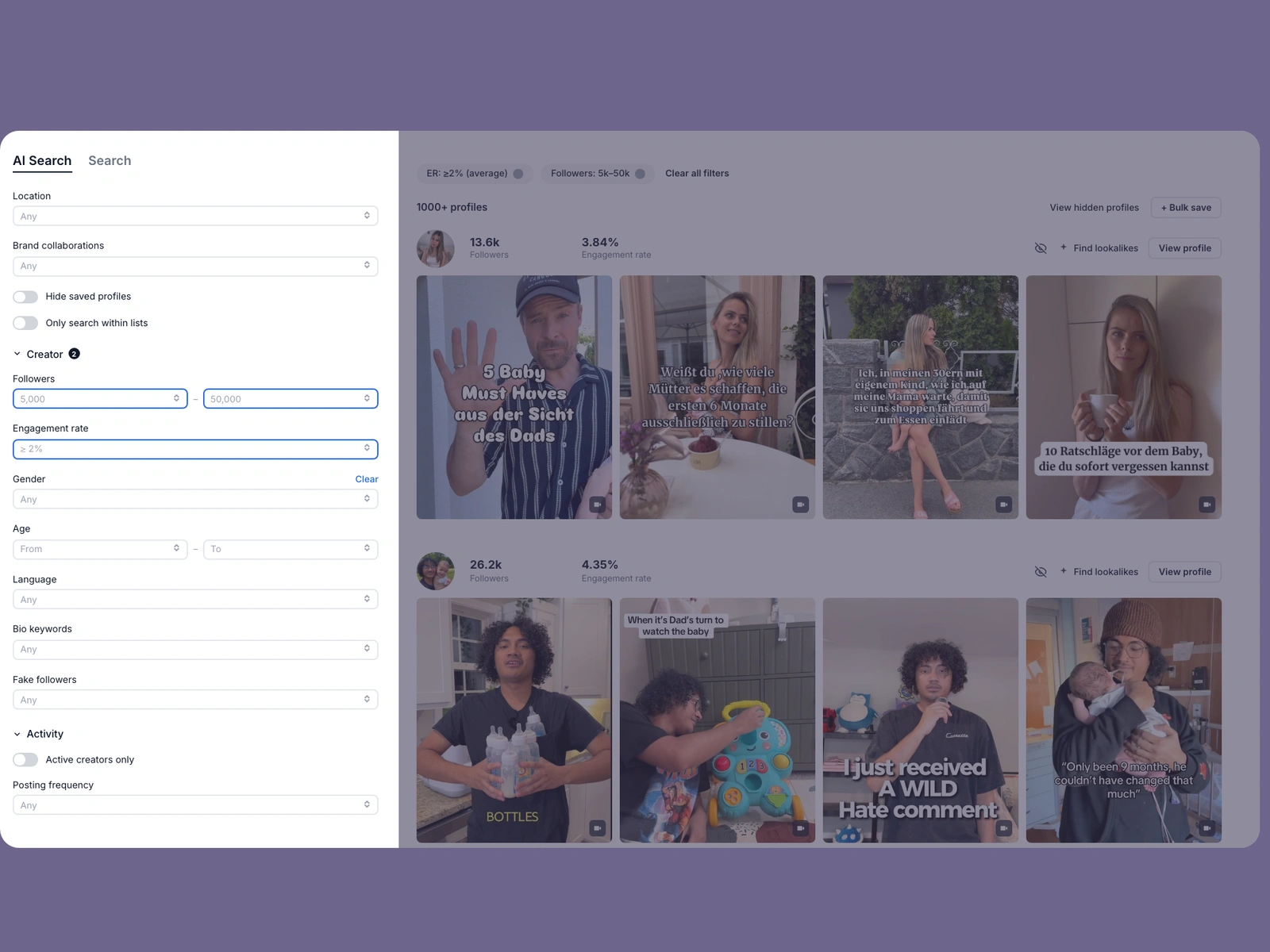 Modash filters narrowing dad creators