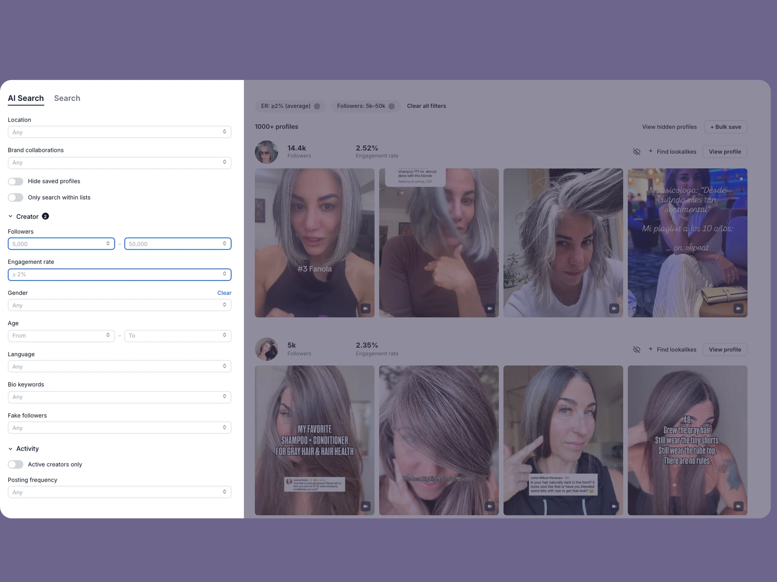 Modash filters narrowing gray hair creators
