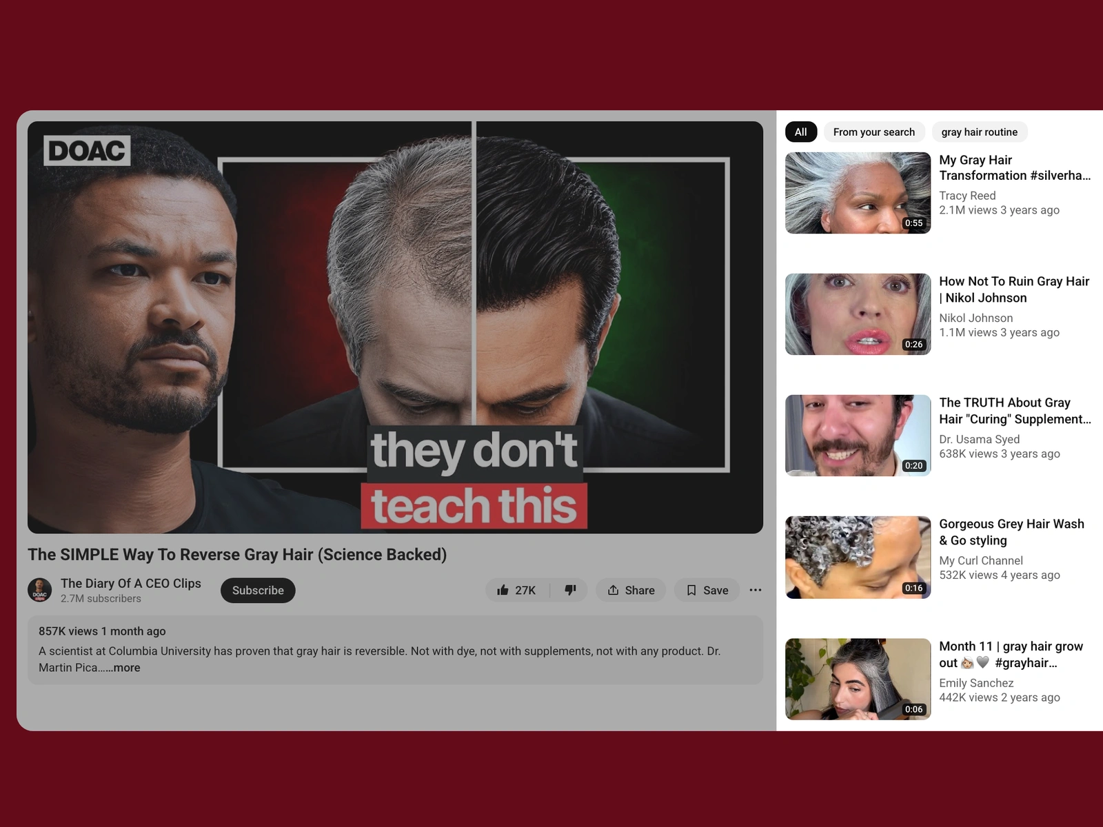 YouTube recommended videos beside a gray hair video