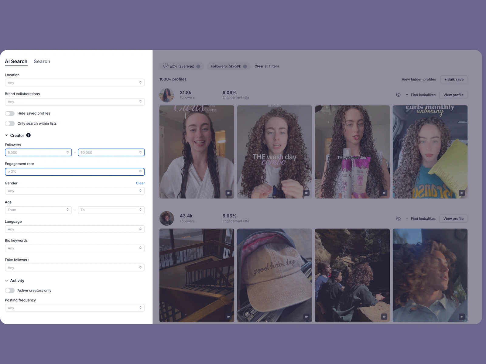 Modash filters narrowing wavy hair creators