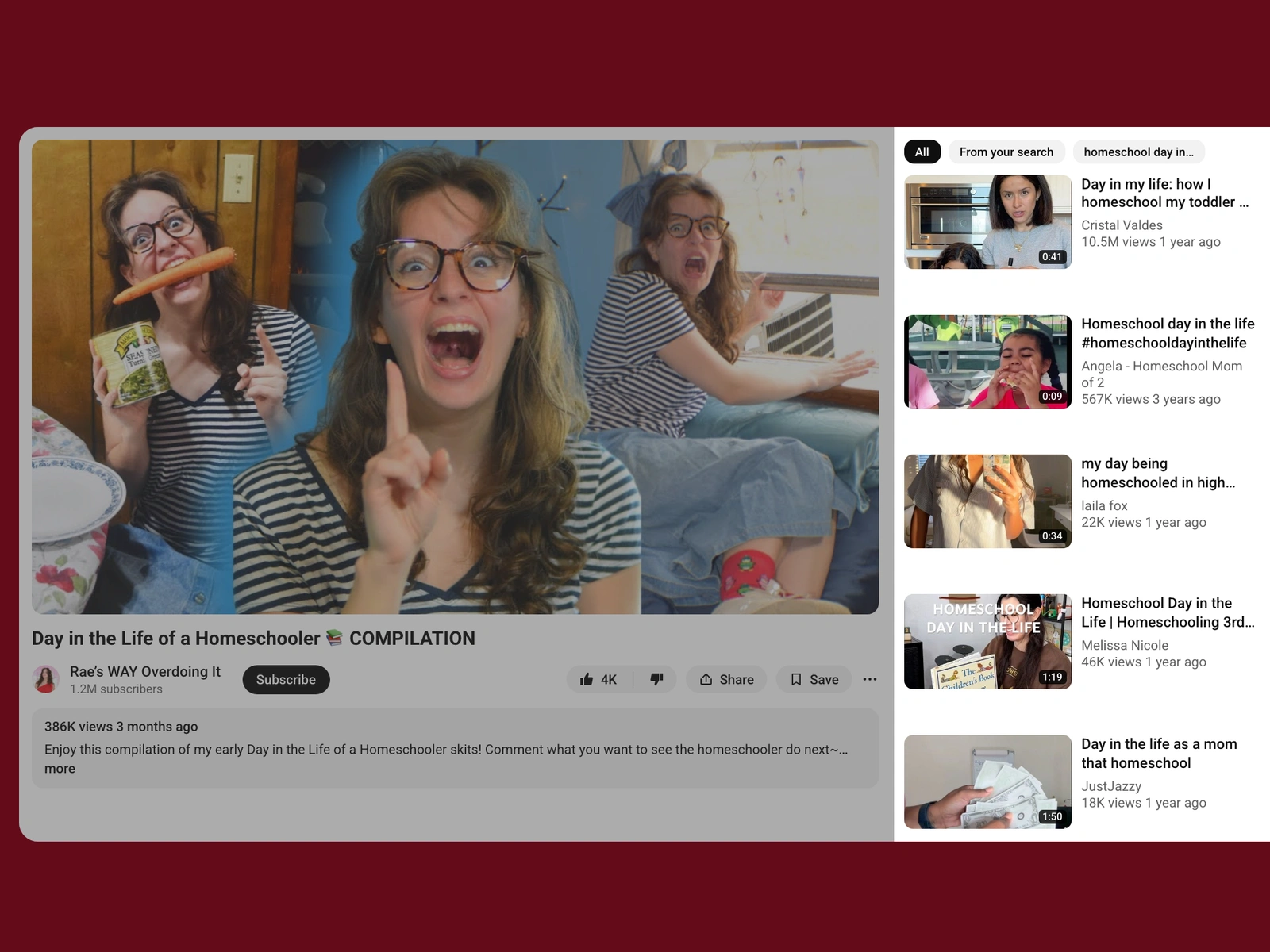 YouTube recommended videos beside a homeschool video
