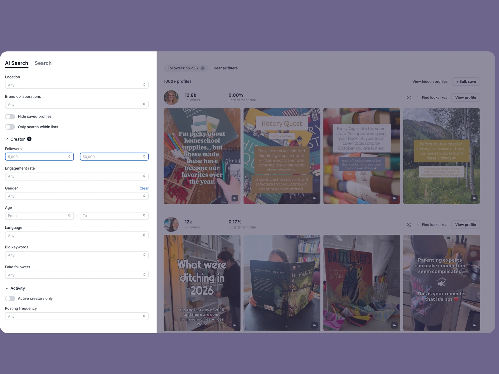 Modash filters narrowing homeschool creators