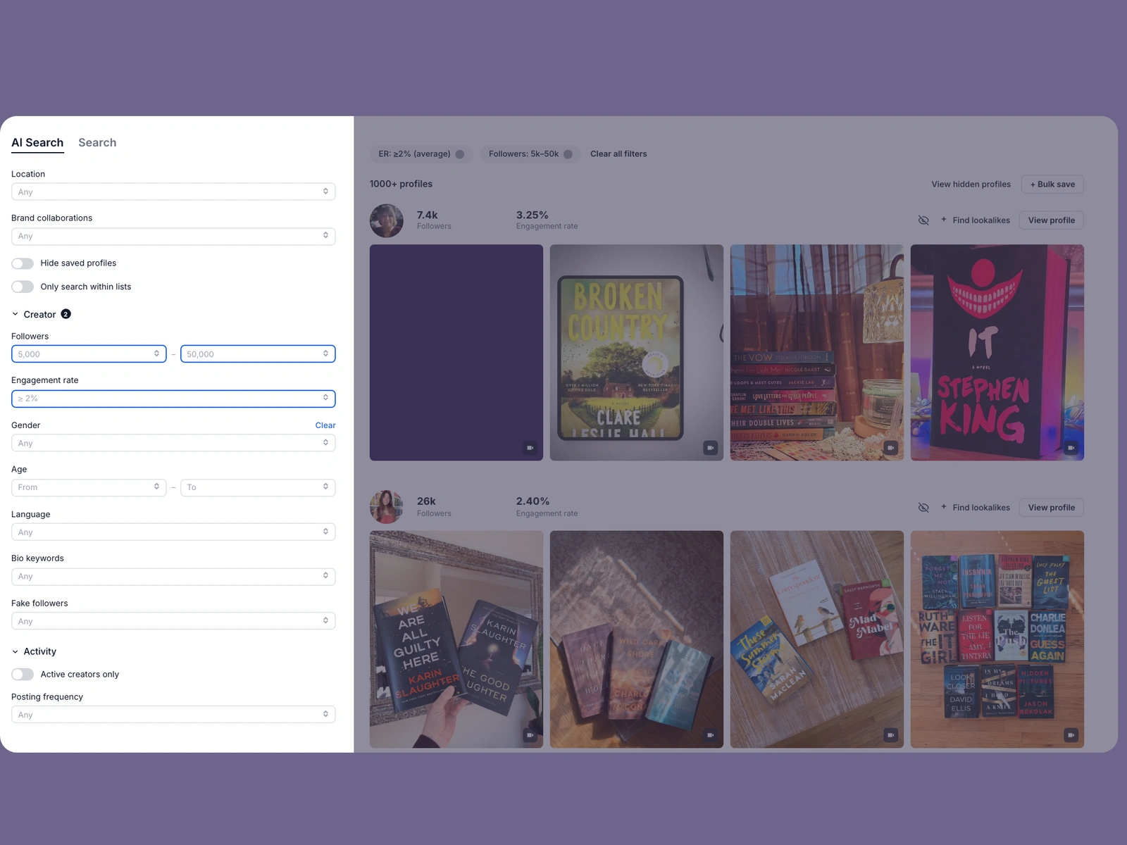 Modash filters narrowing book creators