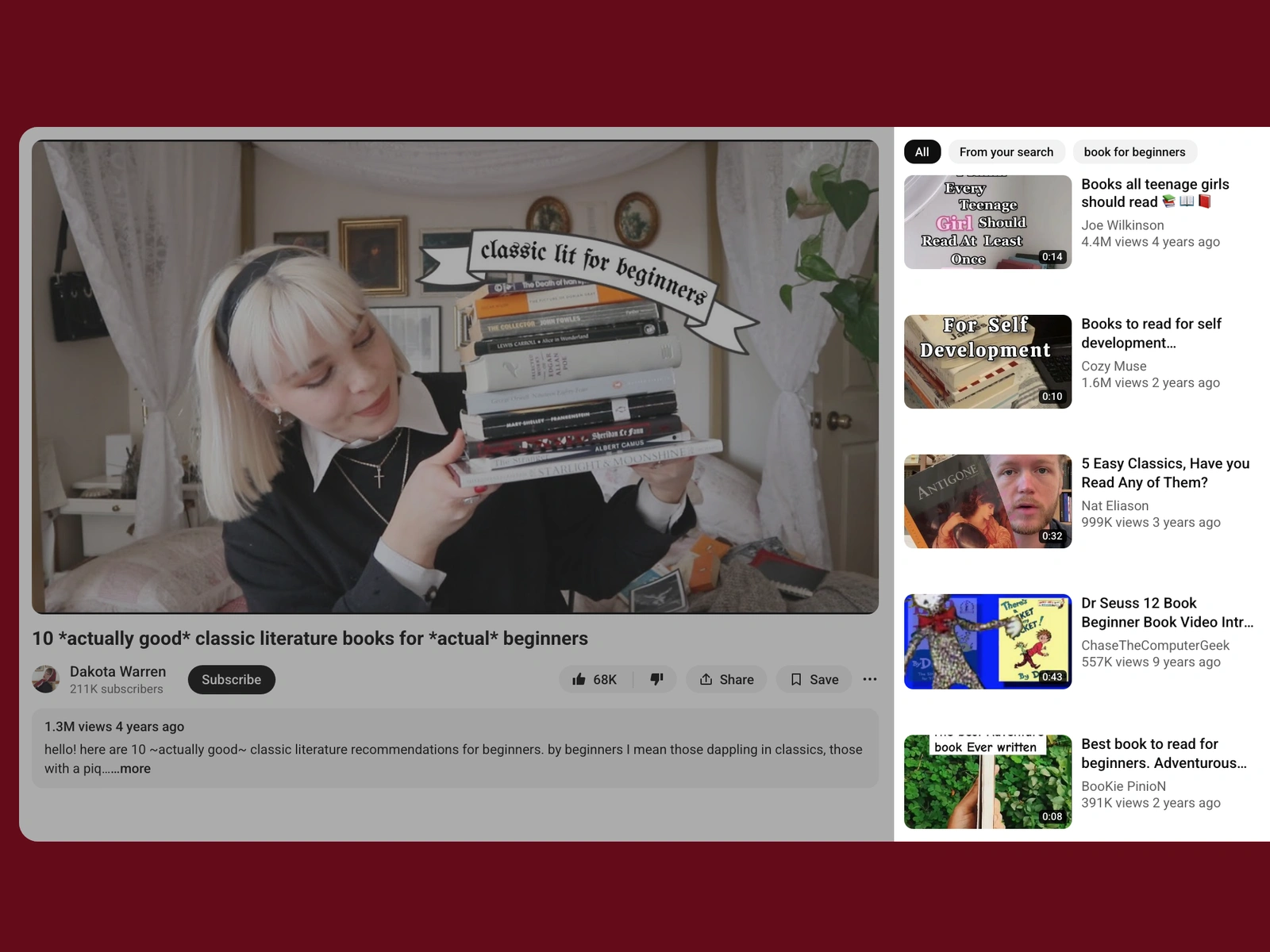 YouTube recommended videos beside a book video