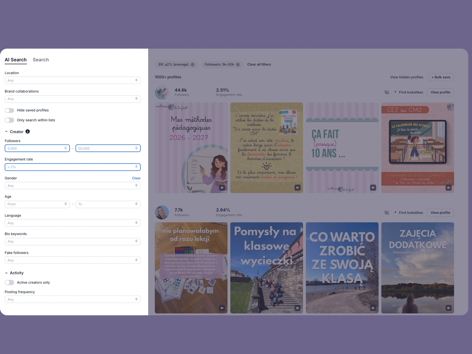 Modash filters narrowing education creators