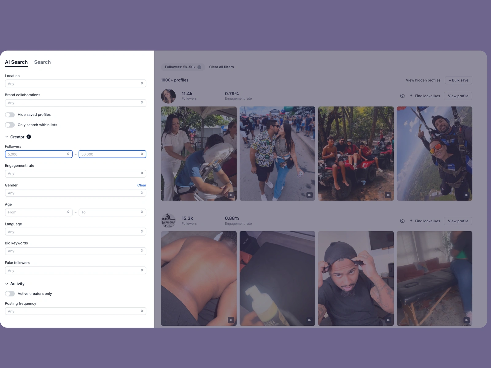Modash filters narrowing massage creators
