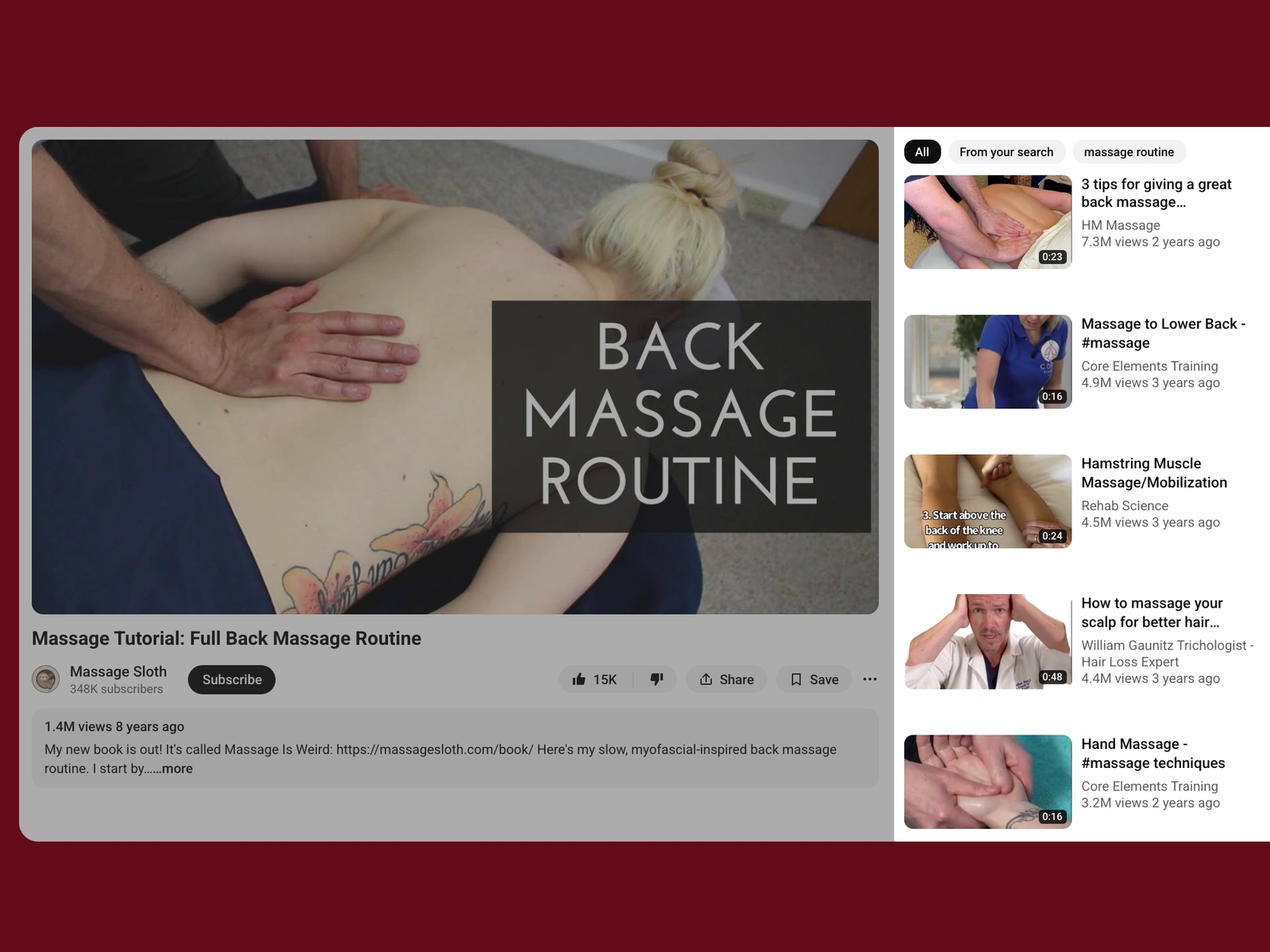 YouTube recommended videos beside a massage video