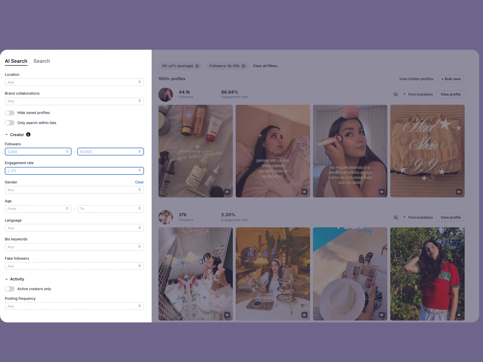 Modash filters narrowing spa creators