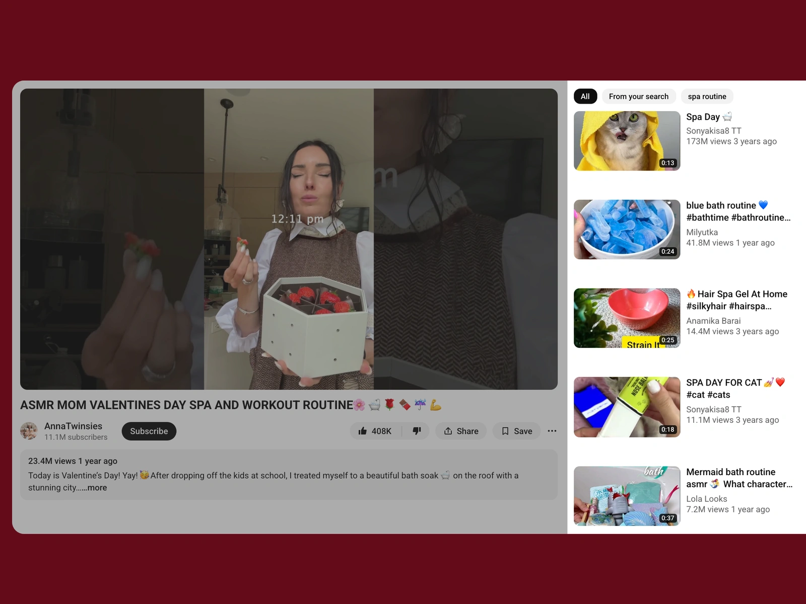 YouTube recommended videos beside a spa video