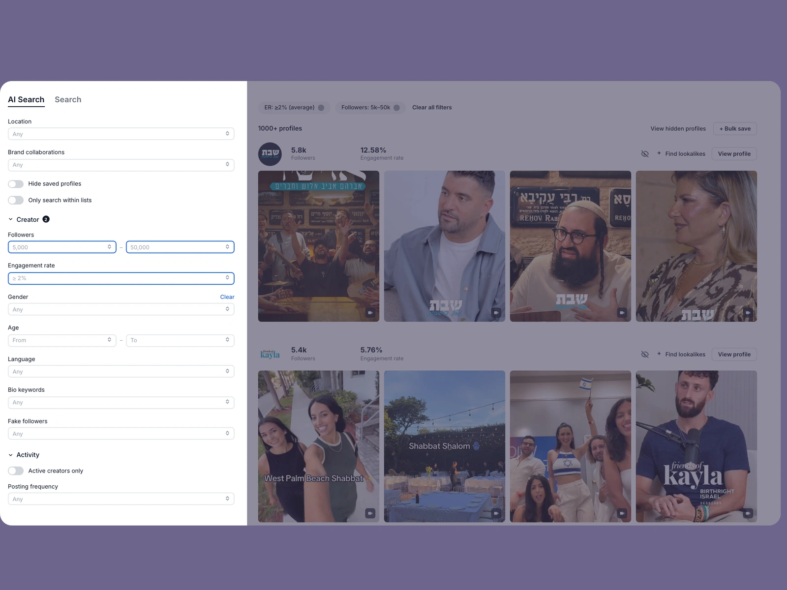 Modash filters narrowing jewish creators