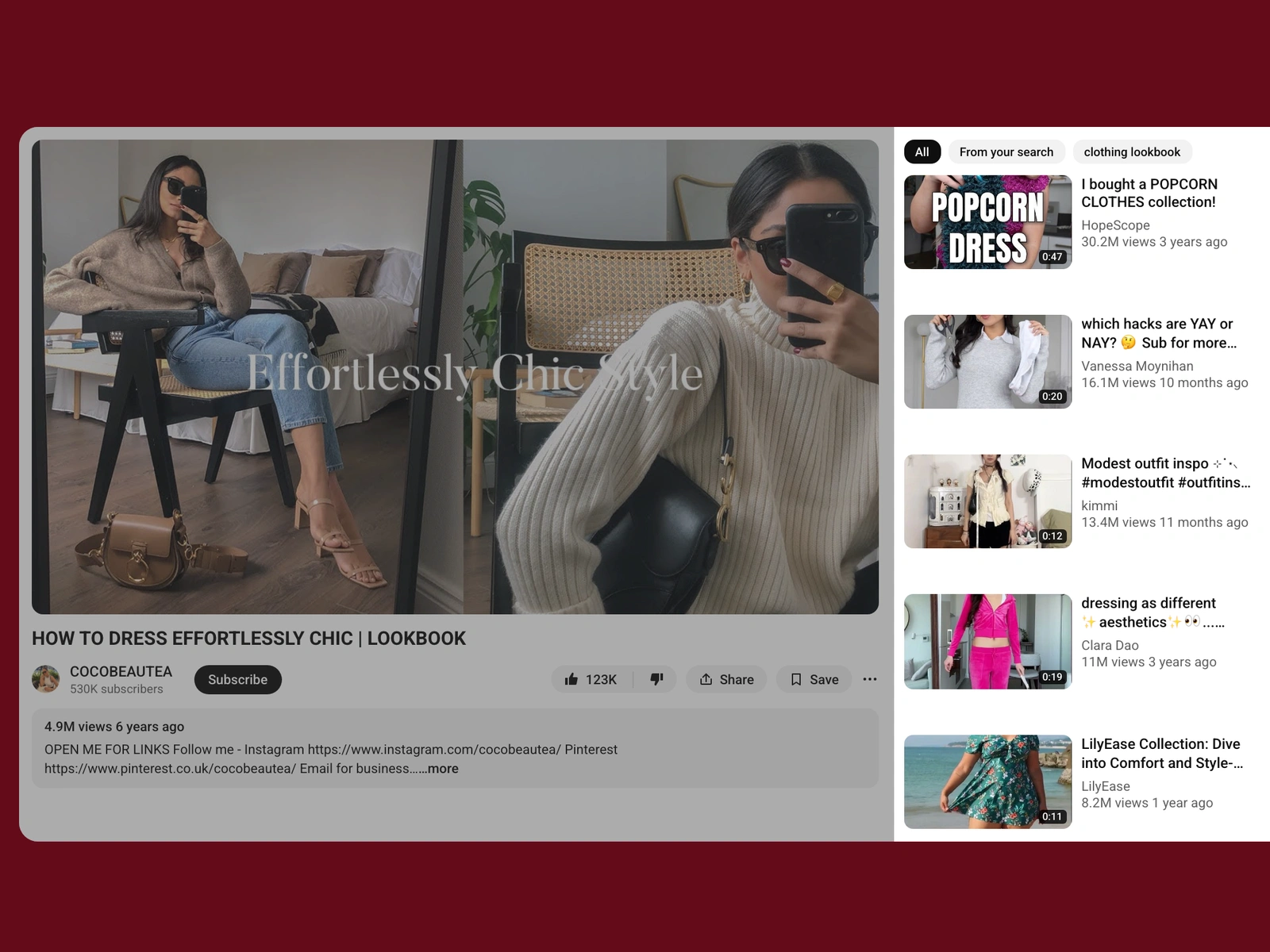 YouTube recommended videos beside a clothing video