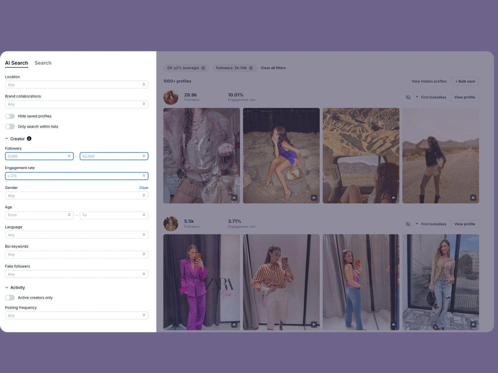 Modash filters narrowing clothing creators