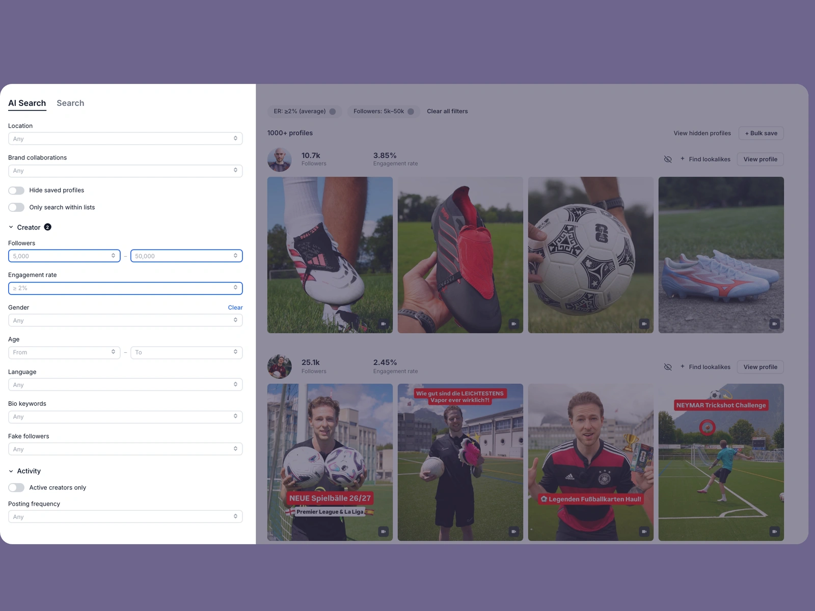 Modash filters narrowing soccer creators