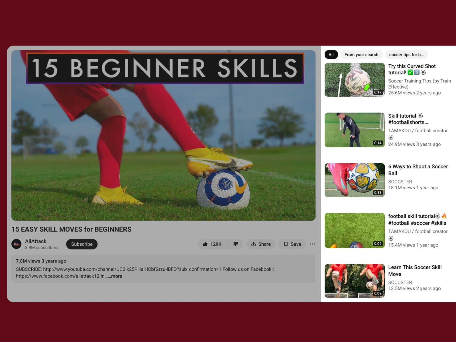 YouTube recommended videos beside a soccer video