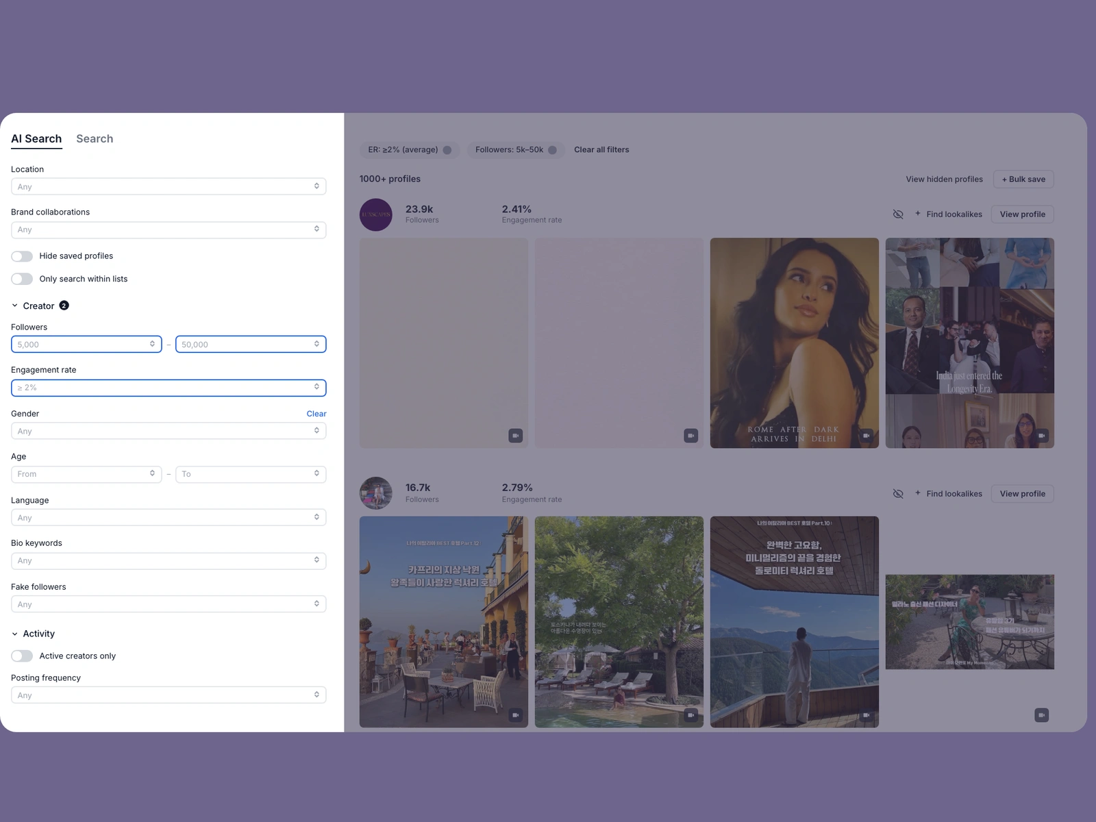Modash filters narrowing luxury creators