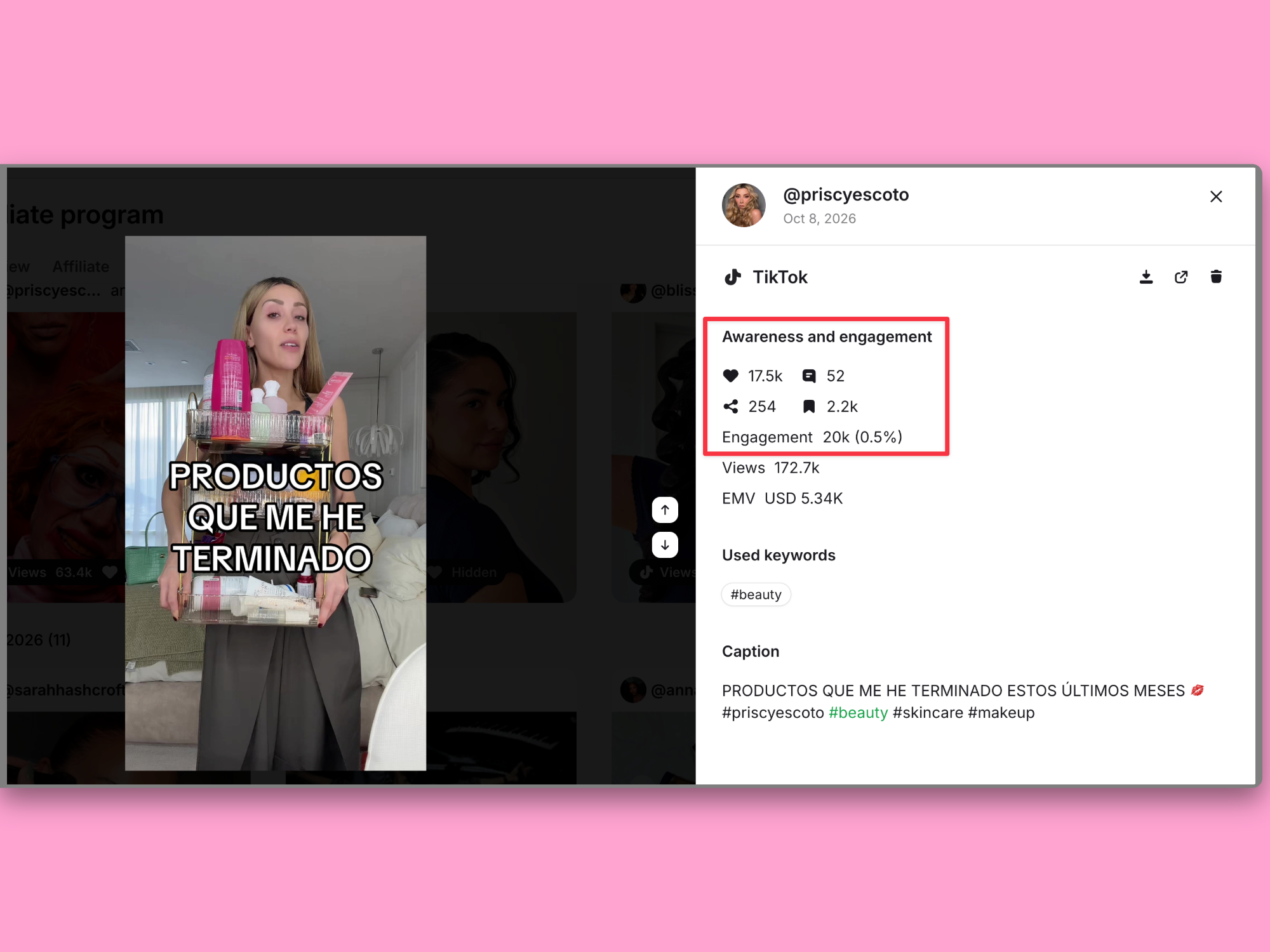 Modash post details panel for a TikTok video showing 17.5k likes, 52 comments, 254 shares, 2.2k saves, and 20k total engagement