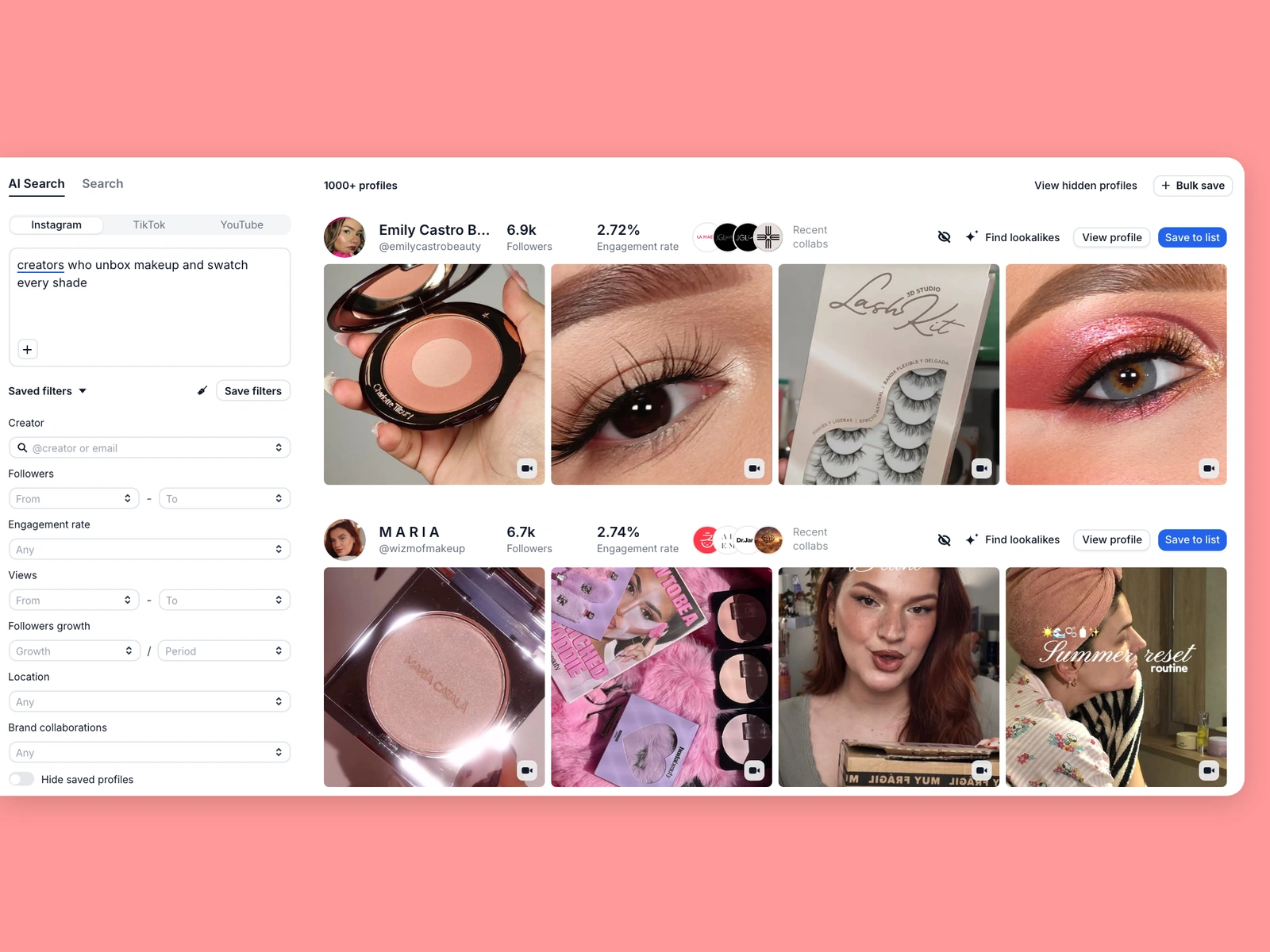 Modash AI creator search for "creators who unbox makeup and swatch every shade"