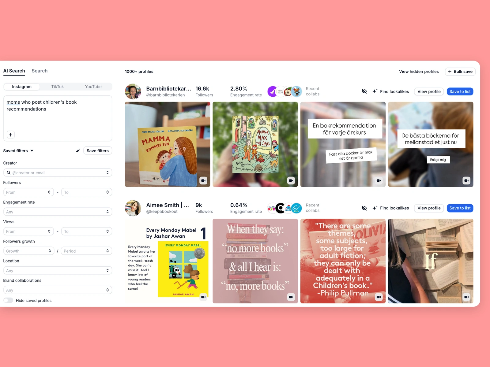 Modash AI creator search for "moms who post children's book recommendations"