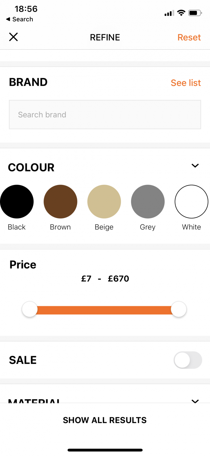 screen showing accessibility in zalando mobile app