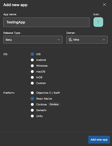 configuring appcenter for testing react native in the cloud screen