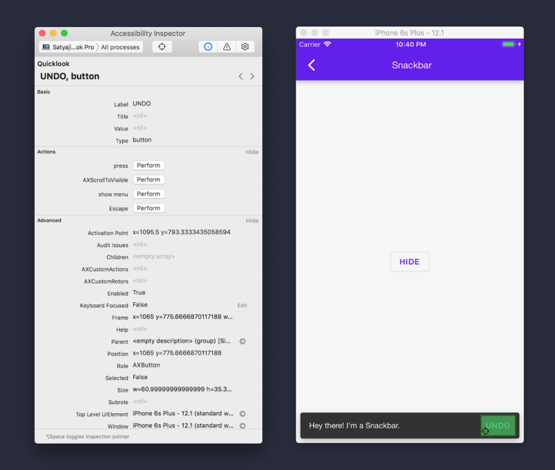 screenshot presenting accessibility inspector in react native