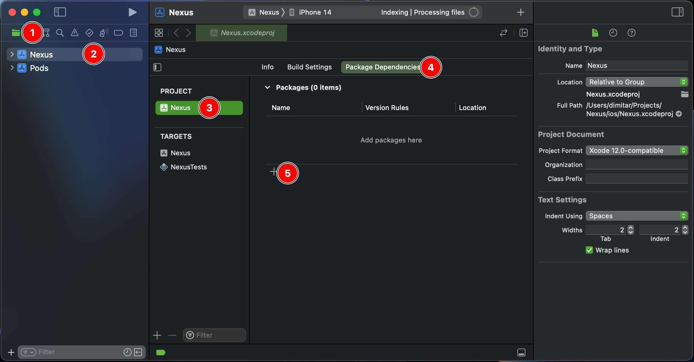 Screenshot showing where to click to add a Swift Package Manager dependency