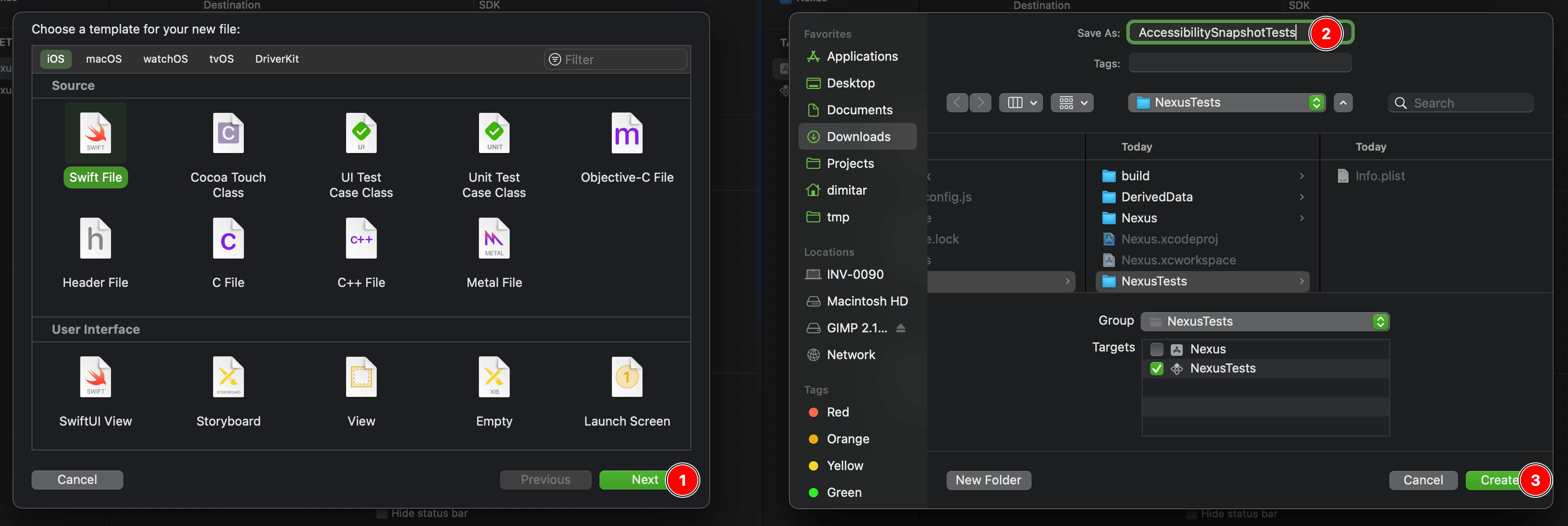 Template picker dialog and new file dialog with numbers of the steps to follow