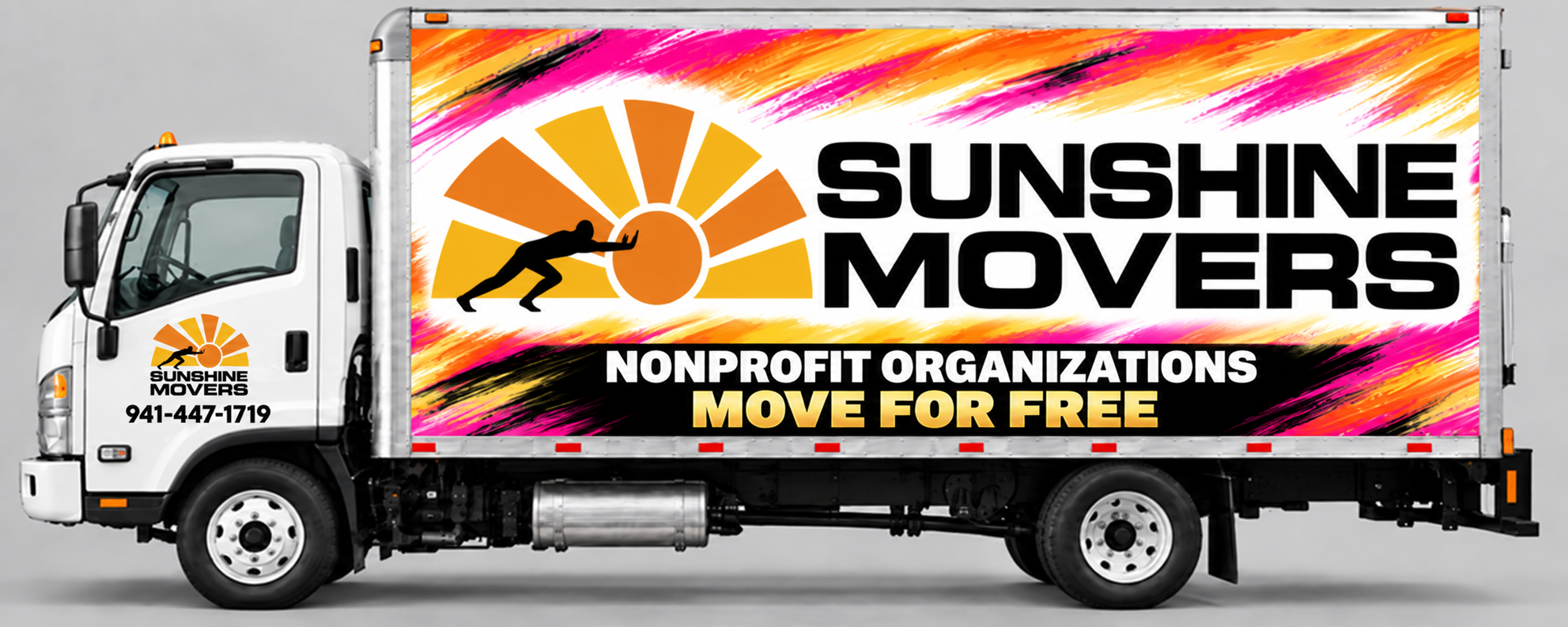 Sunshine Movers truck promoting free moves for nonprofit organizations