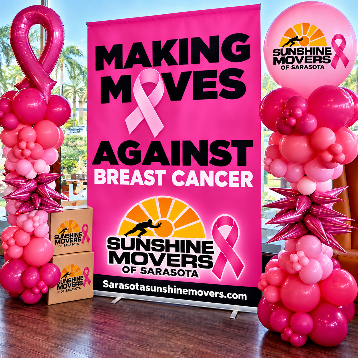 Sunshine Movers Making Moves Against Breast Cancer display with pink awareness ribbons