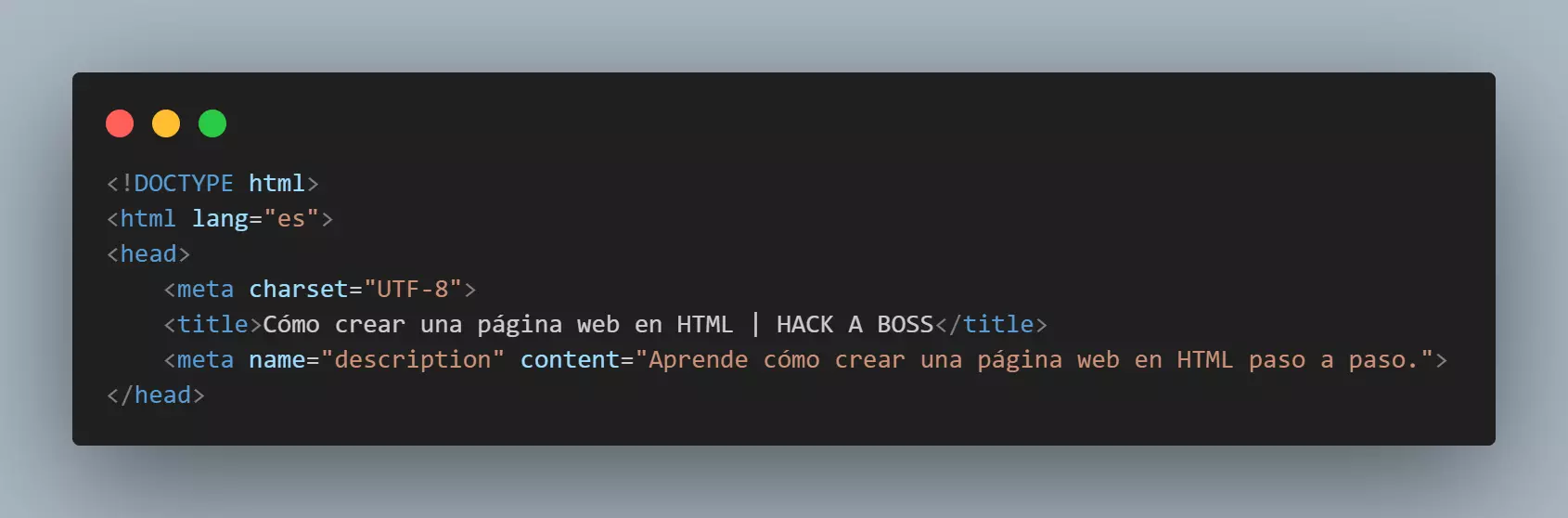 Ejemplo de código HTML en la sección <head>