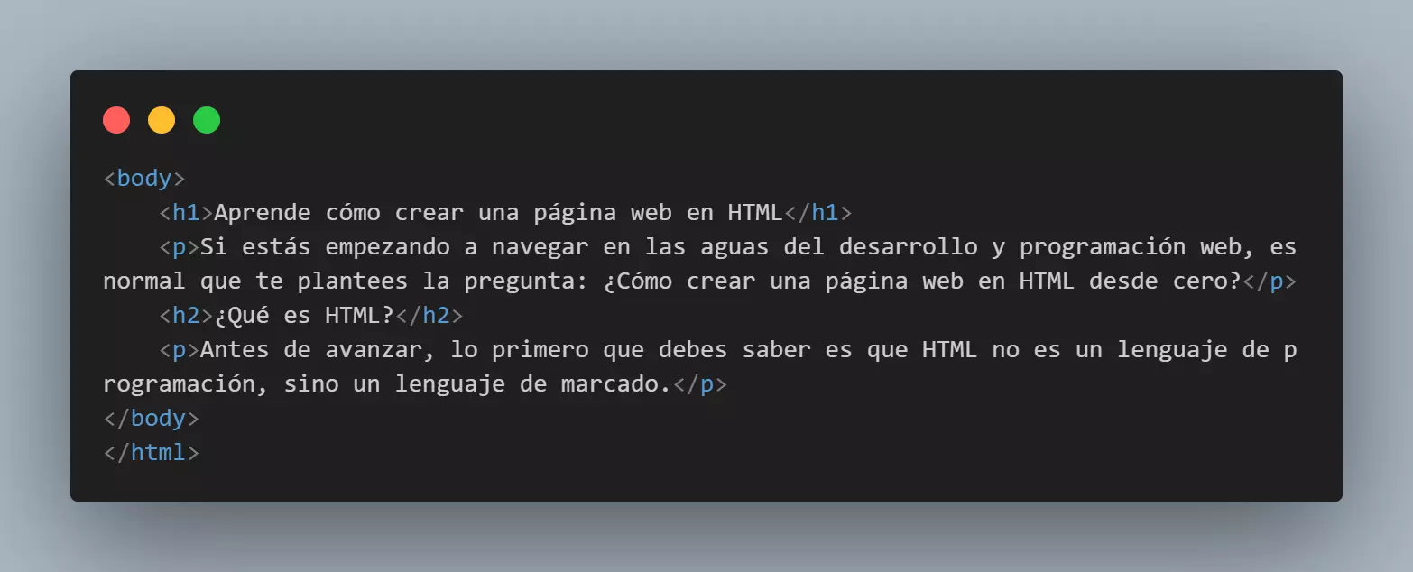 Ejemplo de código HTML en la sección <body>