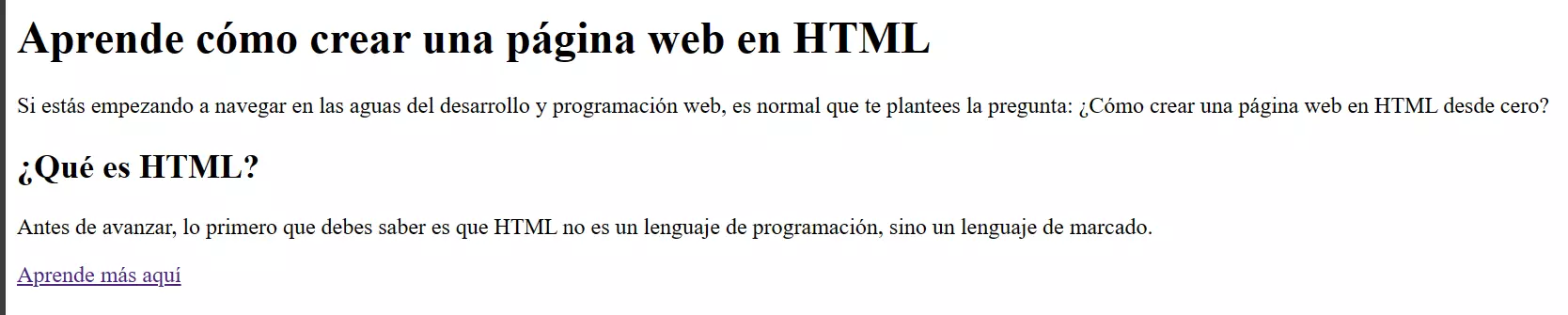 Cómo se ve un enlace inicial de una página creada en HTML