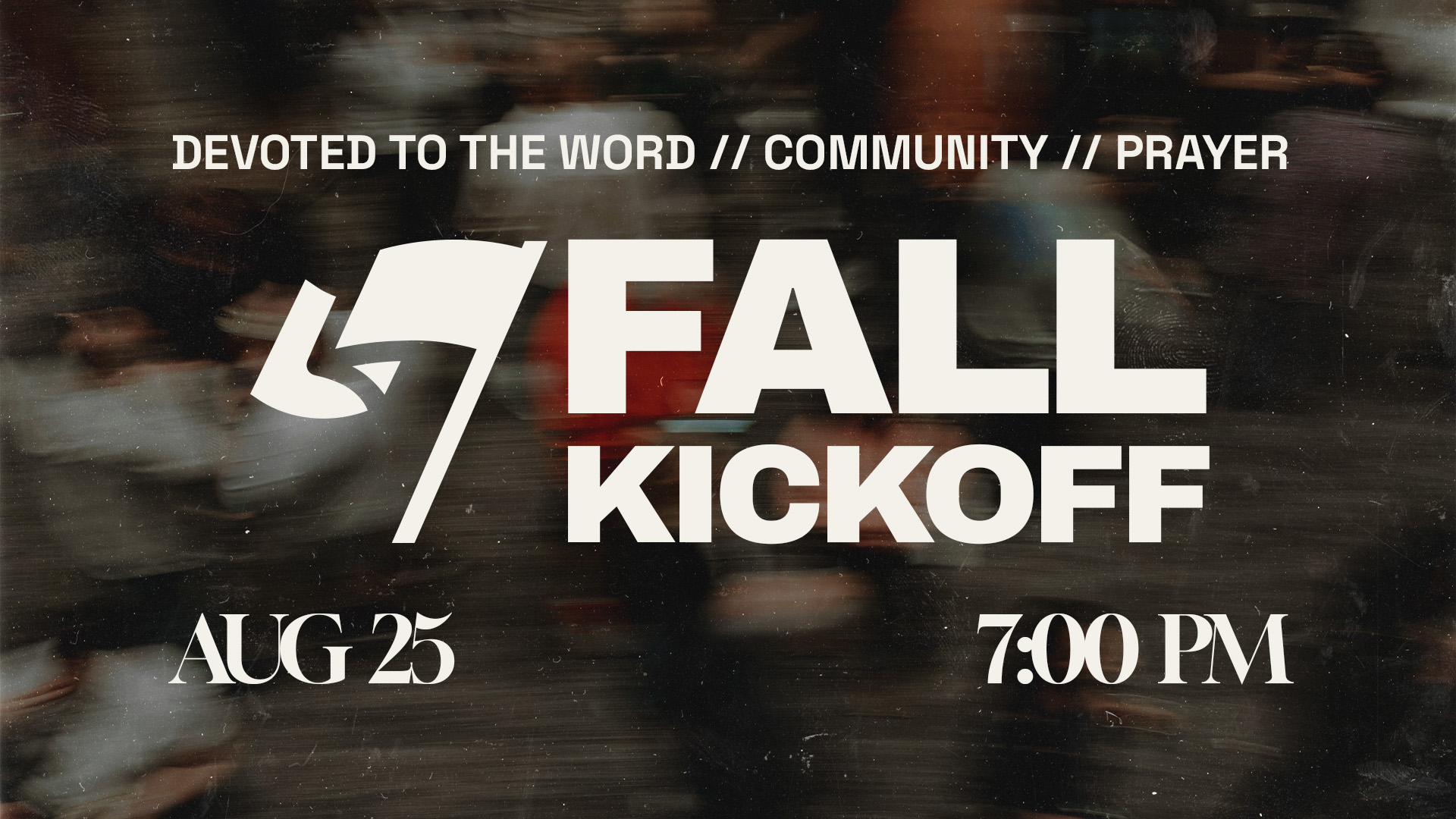 Design image indicating the Young Adults Fall Kickoff event on August 25 at 7pm.