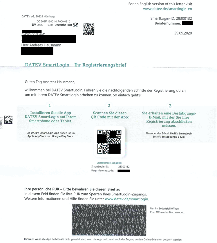 DATEV SmartLogin Registrierungsbrief