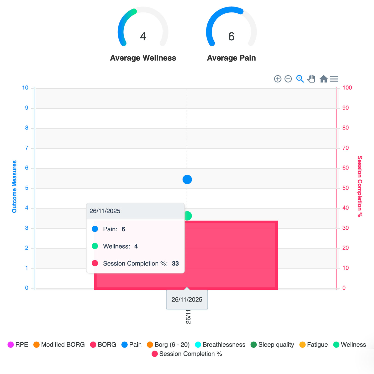 Goals and summaries graphs in Rehab Guru