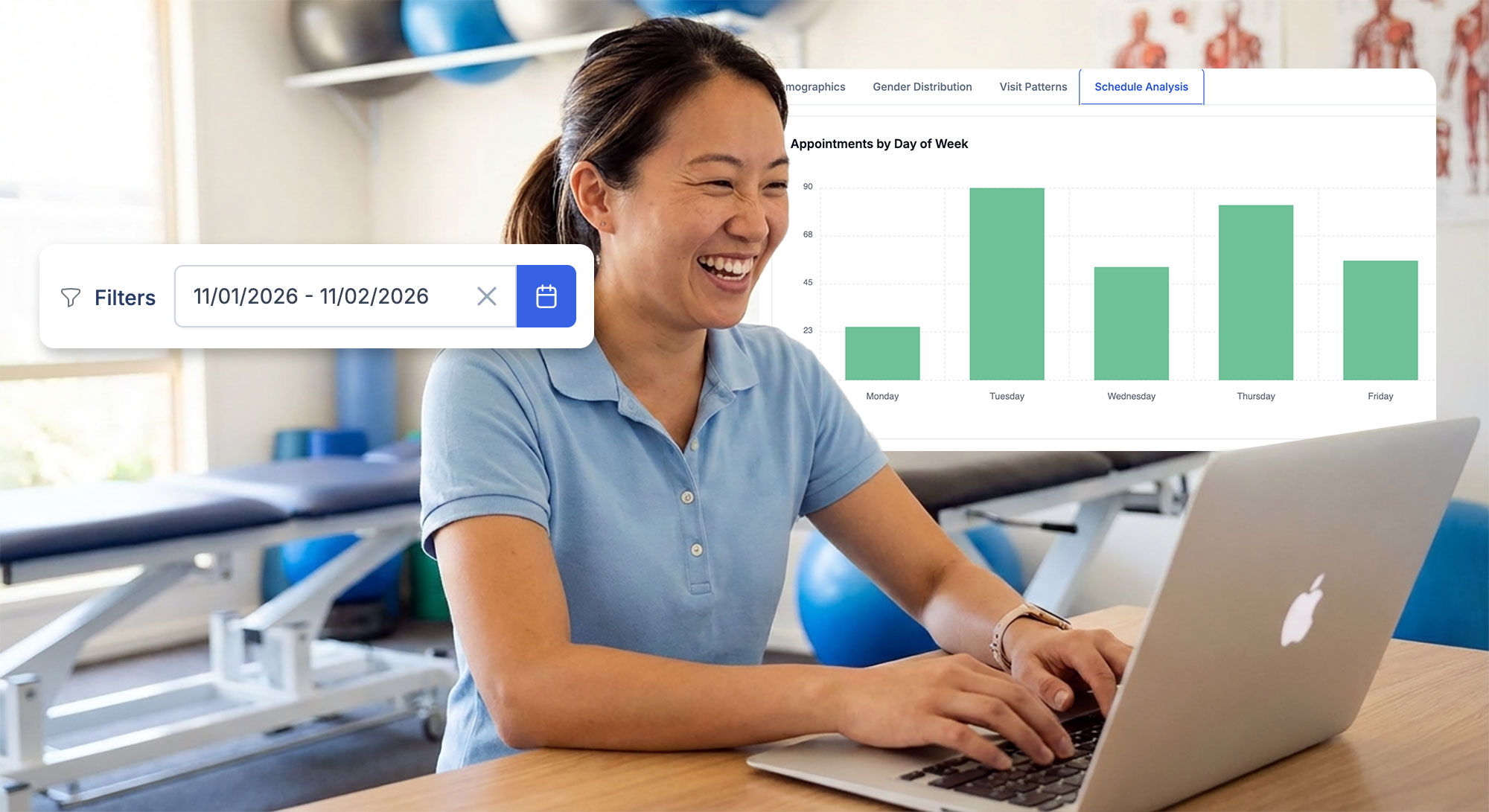 Happy Physiotherapist typing in patient notes