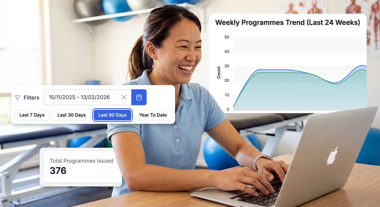 Happy Physiotherapist typing in patient notes for exercise prescription