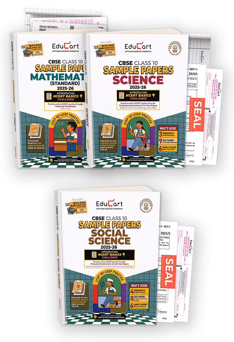 Educart CBSE Sample Paper Class 10 2025-26 - Science, Mathematics Standard & Social Science (Introducing exclusive step-by-step new practice concept on 2026 pattern) Set of 3 Books