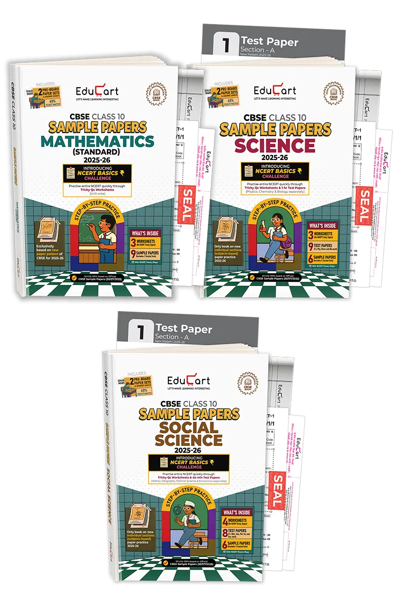Educart CBSE Sample Paper Class 10 2025-26 - Science, Mathematics Standard & Social Science (Introducing exclusive step-by-step new practice concept on 2026 pattern) Set of 3 Books
