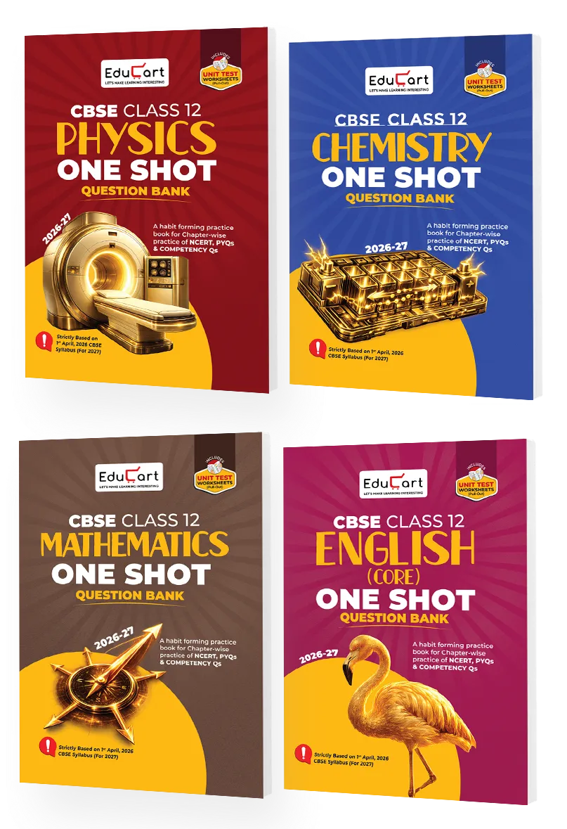 Educart CBSE Class 12 One Shot Question Bank Physics, Chemistry, Mathematics & English Core 2026–27 (Set of 4 Books) | NCERT Questions, PYQs & Competency-Based Qs | CBSE Board 2027