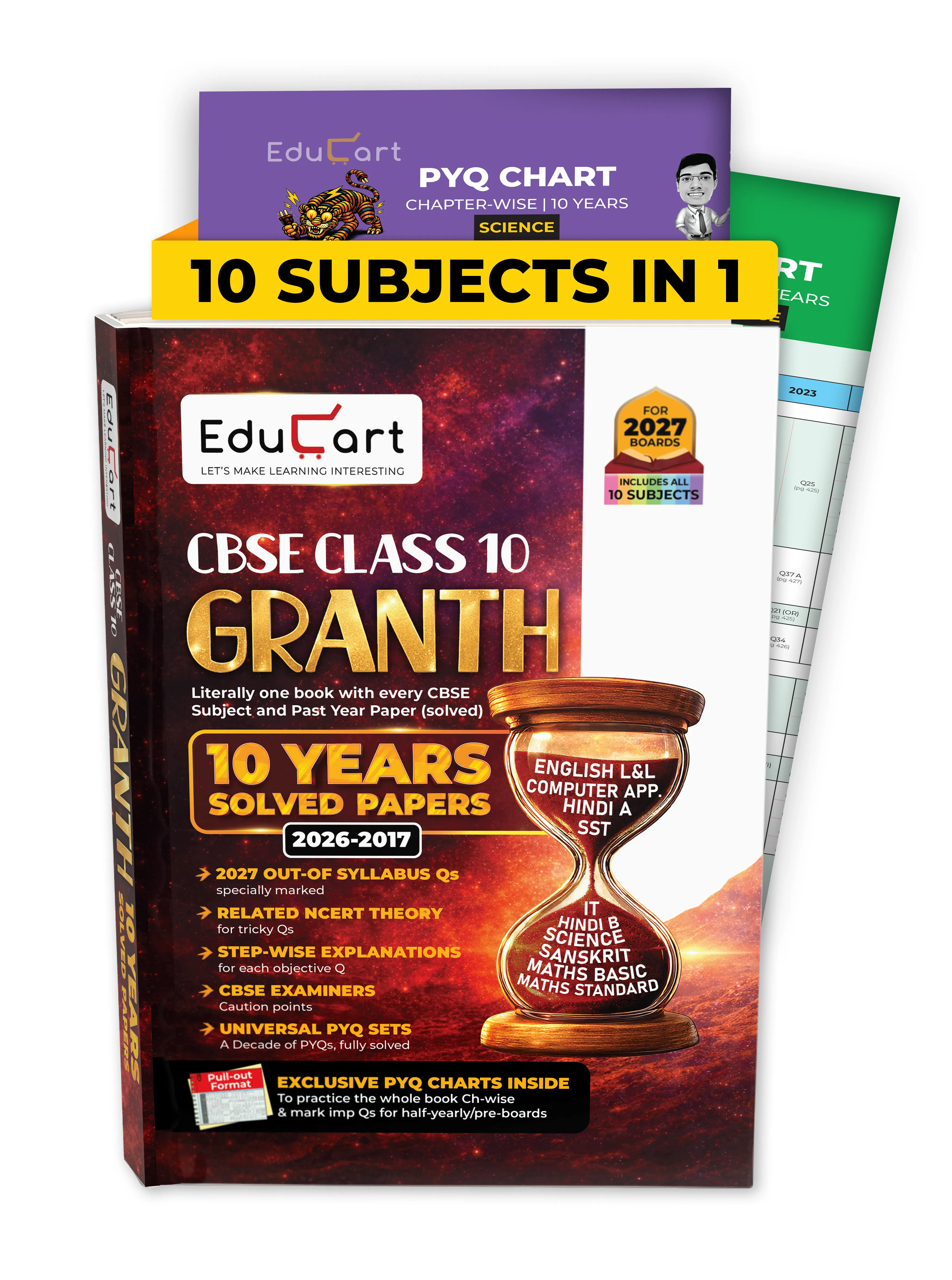 (10 subjects in 1) Educart Granth CBSE Class 10 Previous 10 Year Solved Papers 2027 - with PYQ Charts (Mathematics Standard & Basic, Social Science, Science, Hindi A & B, English, Computer Applications, IT and Sanskrit)