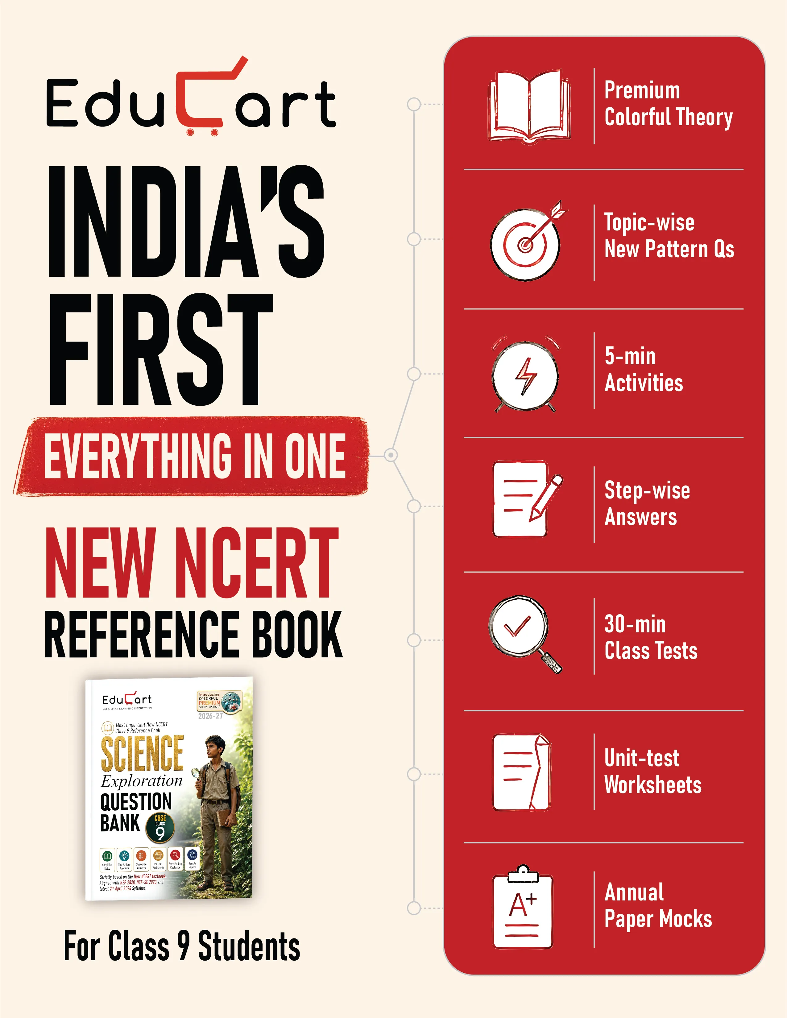Educart CBSE Class 9 Science Exploration Question Bank 2026–27 | New NCERT Guide and Most Important Reference Book for 2027 (with worksheets and sample papers extra)