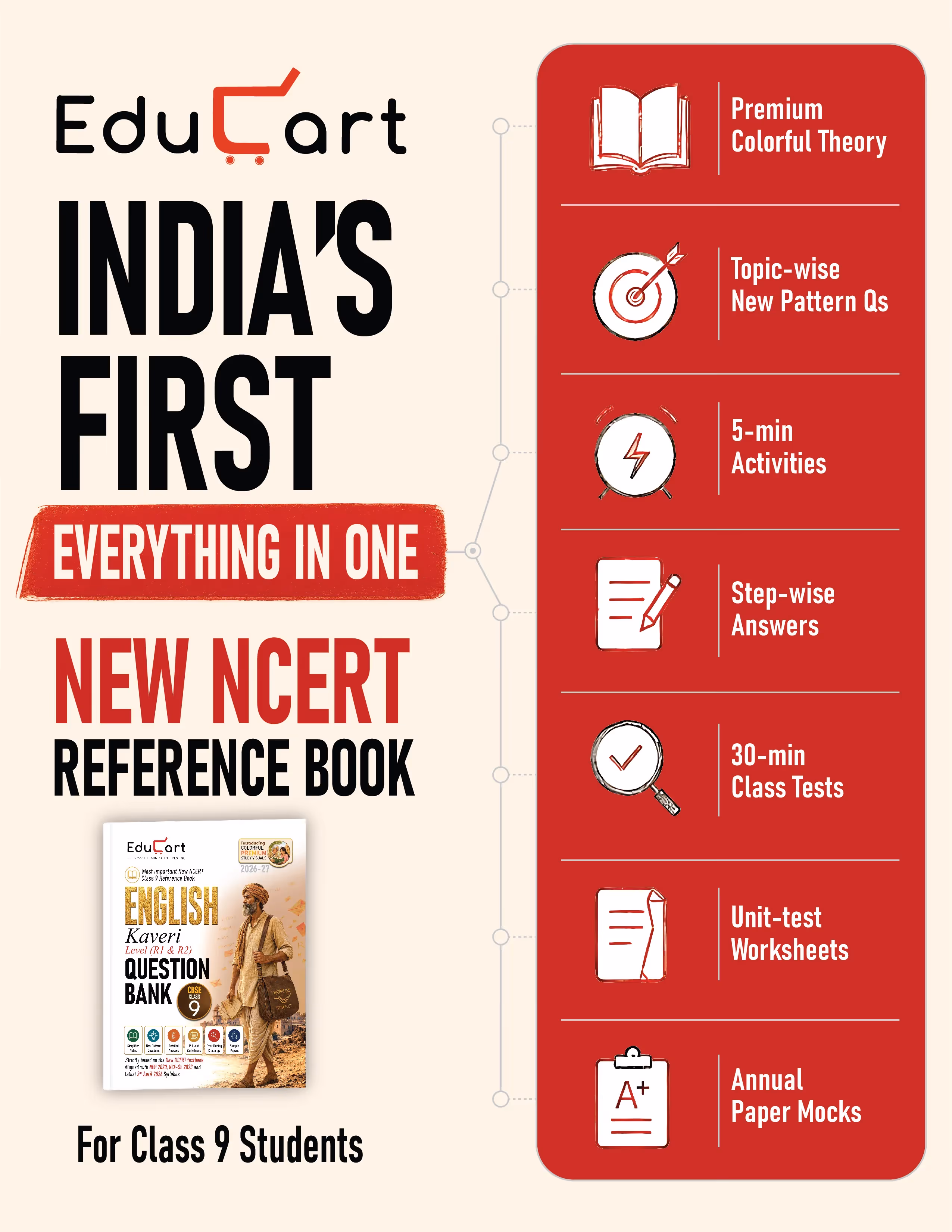 Educart CBSE Class 9 English Question Bank 2026-27 | Kaveri Level R1 & R2 | New NCERT Guide and Most Important Reference Book for 2027 (with worksheets and sample papers extra)