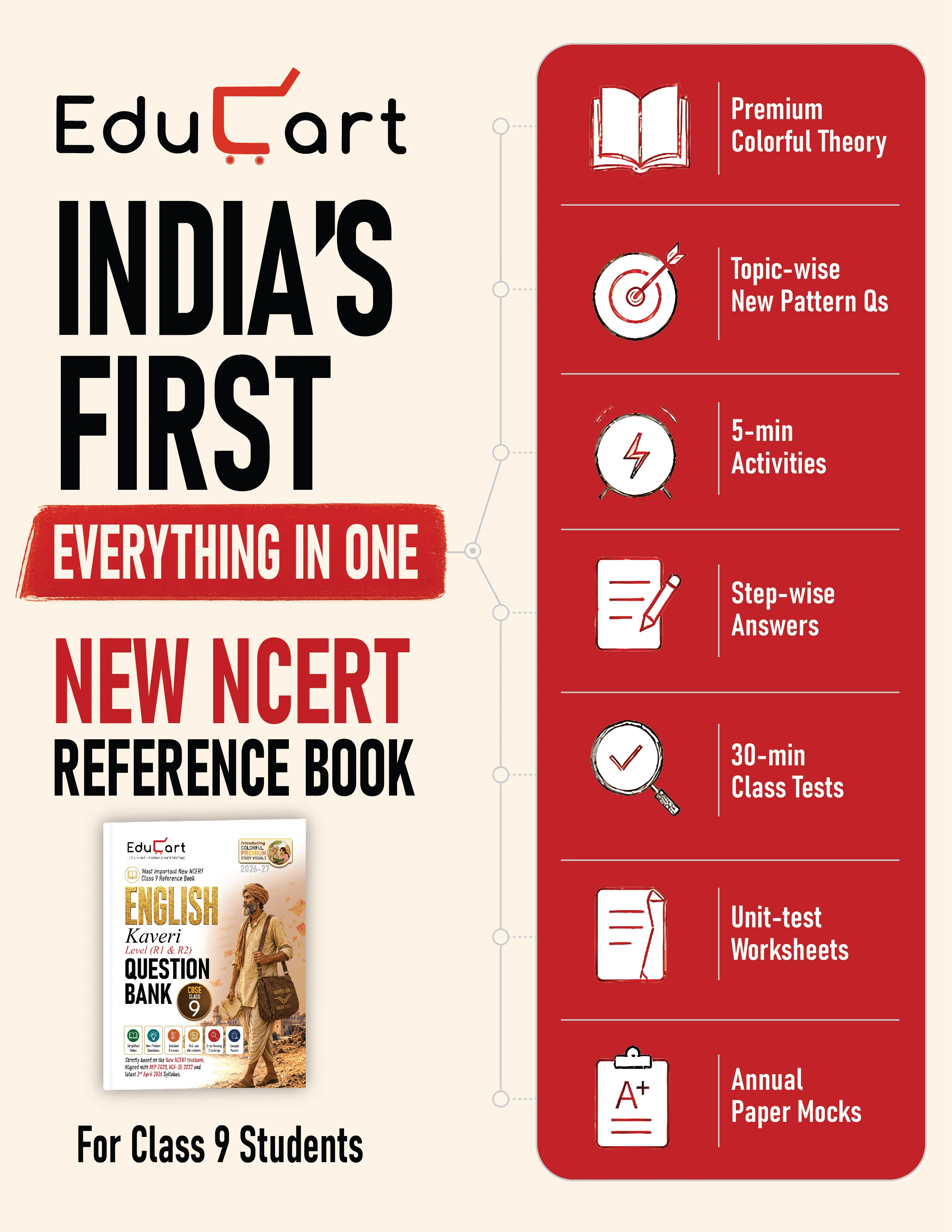 Educart CBSE Class 9 English Question Bank 2026-27 | Kaveri Level R1 & R2 | New NCERT Guide and Most Important Reference Book for 2027 (with worksheets and sample papers extra)