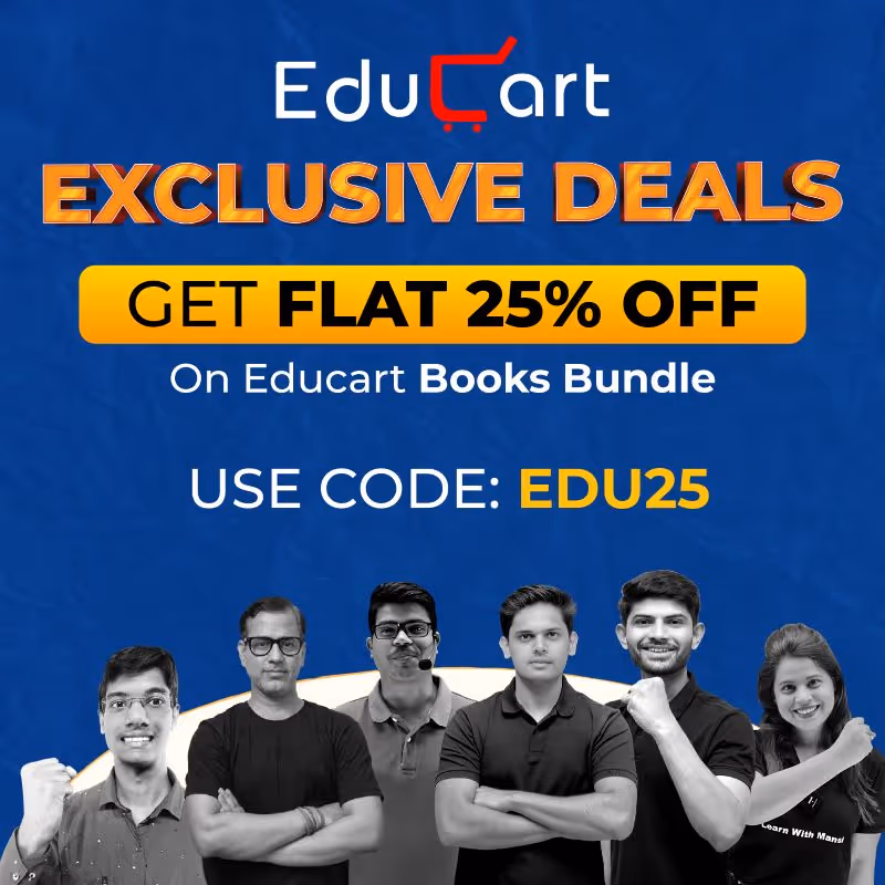 Banner showing EduCart exclusive deals with flat 25% off on books bundle using code EDU25, featuring six smiling instructors in front.